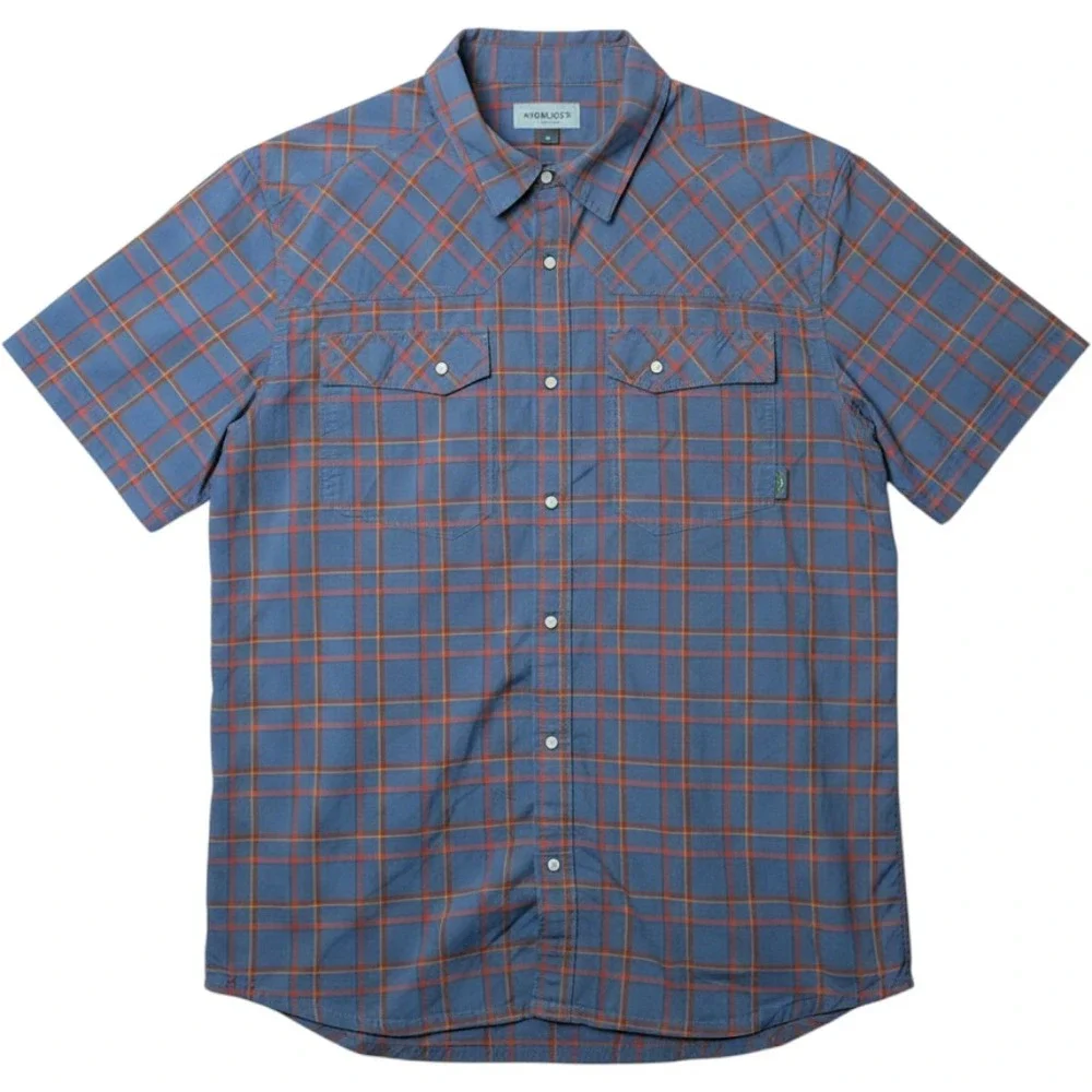 Stio Pearl Snap Shirt Mens Large Blue Orange Plaid Short Sleeve Hiking #2338